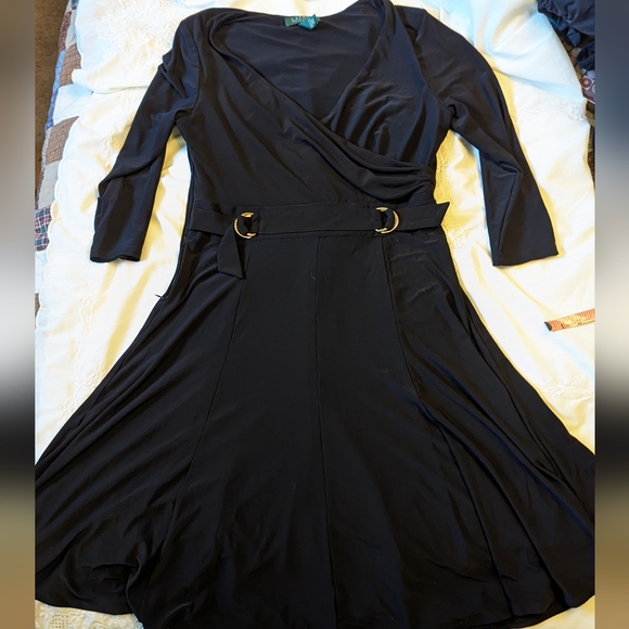 Ralph Lauren sz10 stretch black wrap, fit & flare black long sleeve dress EUC - Picture 2 of 7